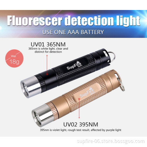 Cheap mini pocket UV flashlight SupFire UV01 for fluorescence detection